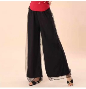 Women girls black red green wide leg latin ballroom dance long pants modern salsa rumba chacha trousers for female